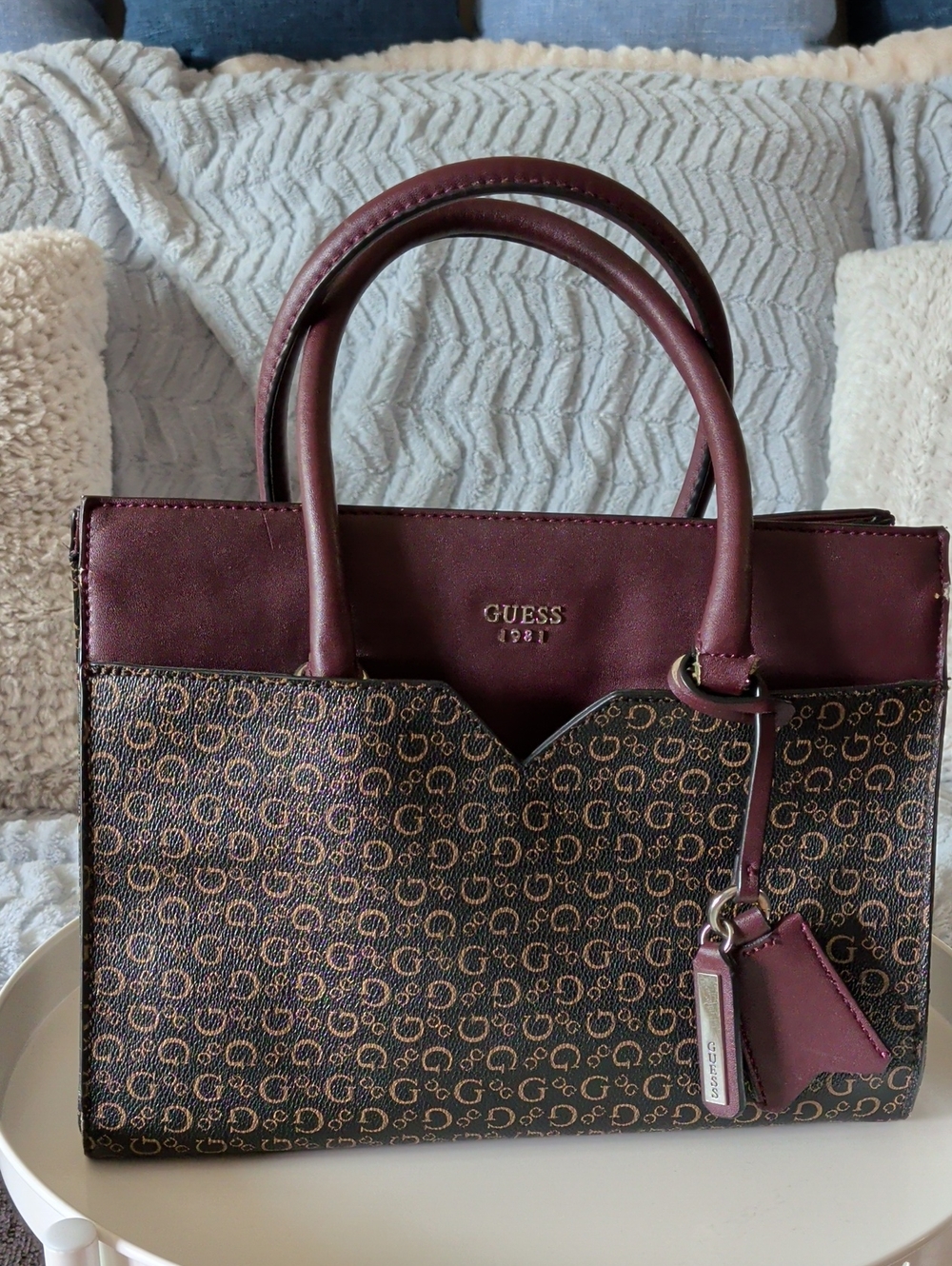 Guess Burgundy and Brown Signature Satchel